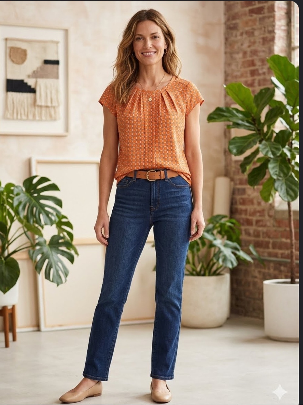 Worthington Retro Geometric Checkered Cap Sleeve Pleated Top Orange xl